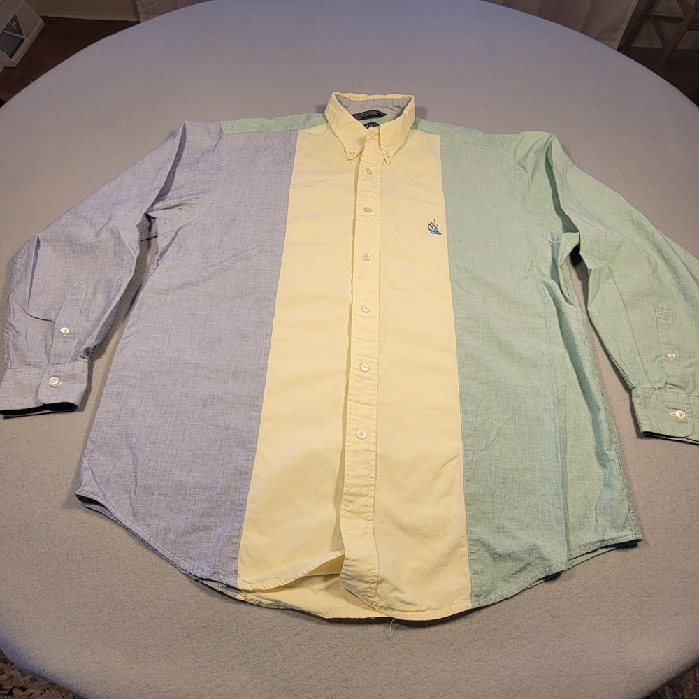 VTG‎ Y2K Nautica Button Down Shirt Mens Large Colorblock Blue Yellow Retro Prep